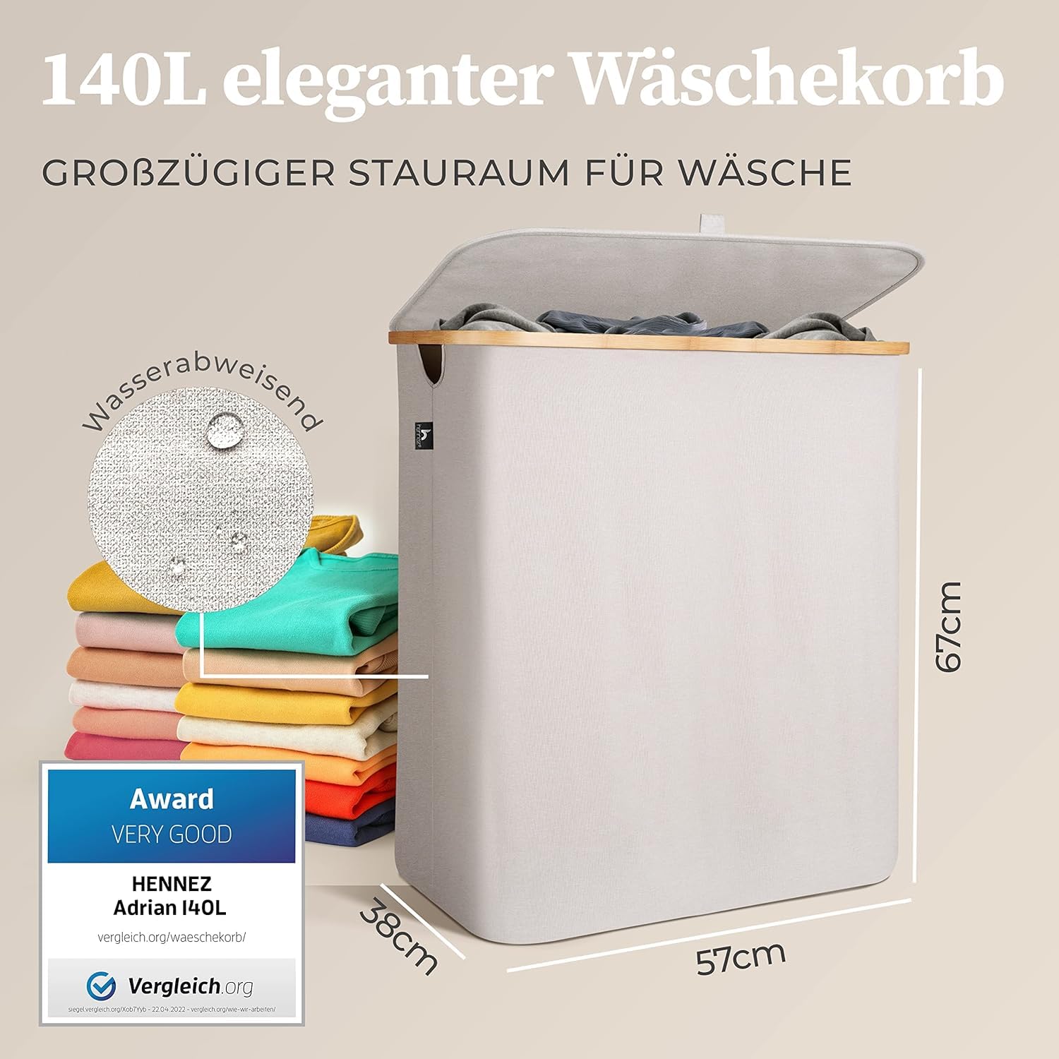 HENNEZ Wäschekorb mit Deckel 2 Fächer Wäschekorb Beige - Grau 140L Wäschesack schmal - Wäschesortierer Wäschebox Wäschetonne Wäschesammler mit Deckel Wäschetruhe Wäschekörbe laundry baskets