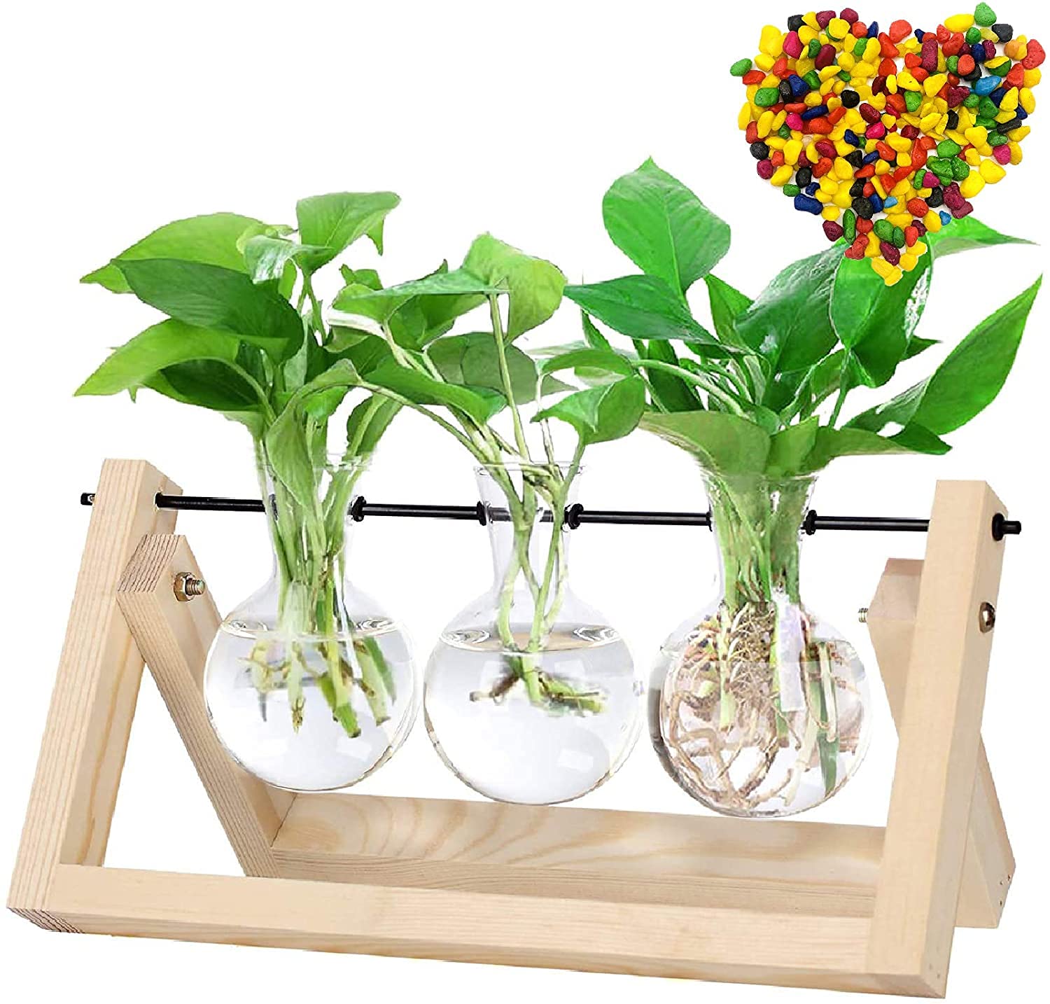 Plant Glass Container with Wooden Stand, Air Planter Bulb Glass Vase Metal Swivel Holder Retro Tabletop for Hydroponics Plants Terrarium Home Garden Decoration Vase Planter (3 Bulb Vase B)