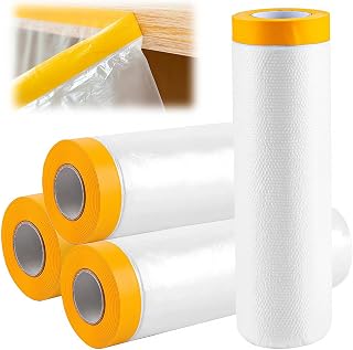55 cm*20 m Abdeckfolie Klebeband mit Folie, 4 Rollen Selbstklebende Malerfolie, Abdeckfolie Maler, mit Klebeband, mit Gelb Papier Maler zum Staubschutz Transparent (4, 270 cm x 20 m)