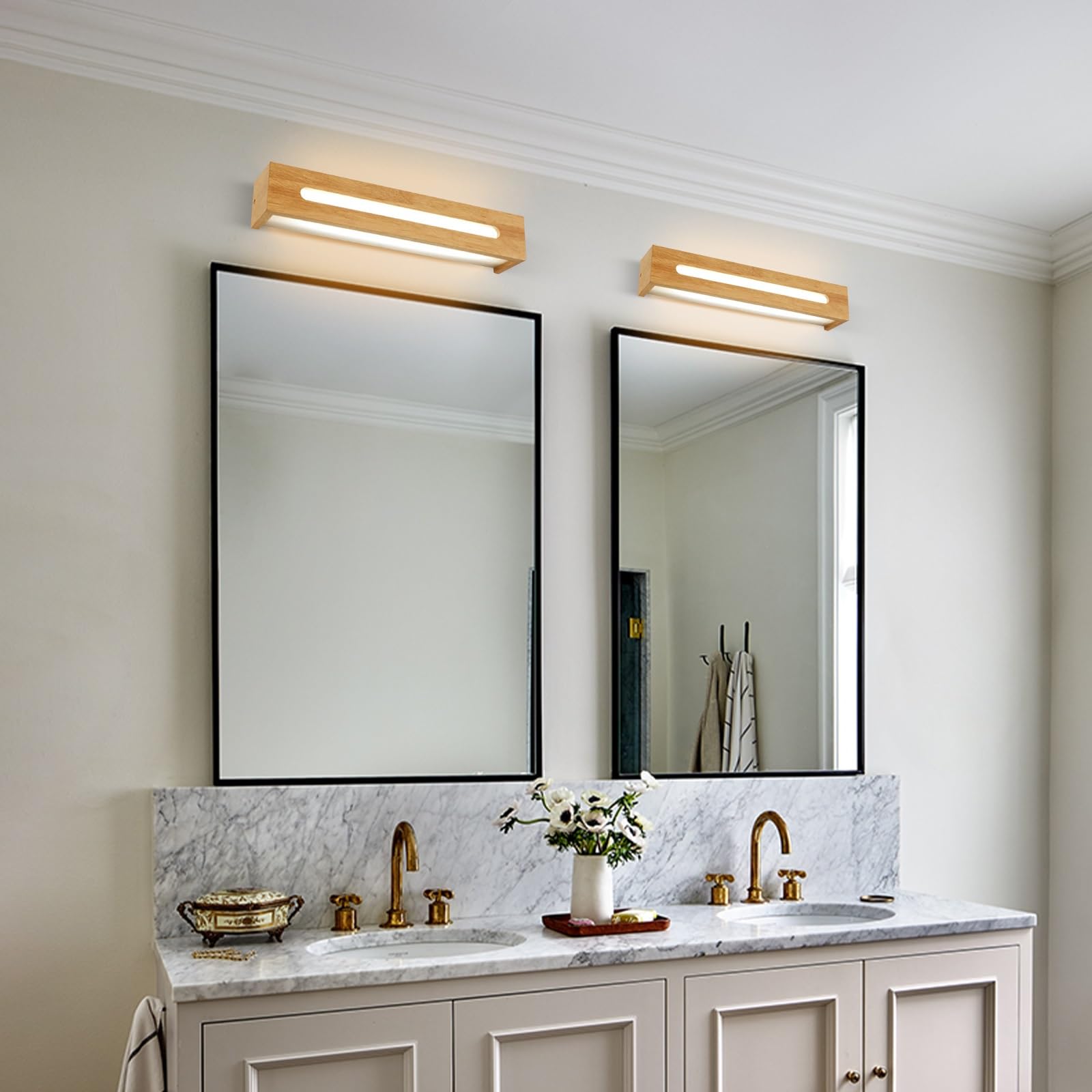 Lámpara de tocador rectangular de madera for baño, apliques LED estilo tronco sobre espejo, apliques rústicos de pared con pantalla acrílica for tocador, lámpara de espejo de pared.(Small)