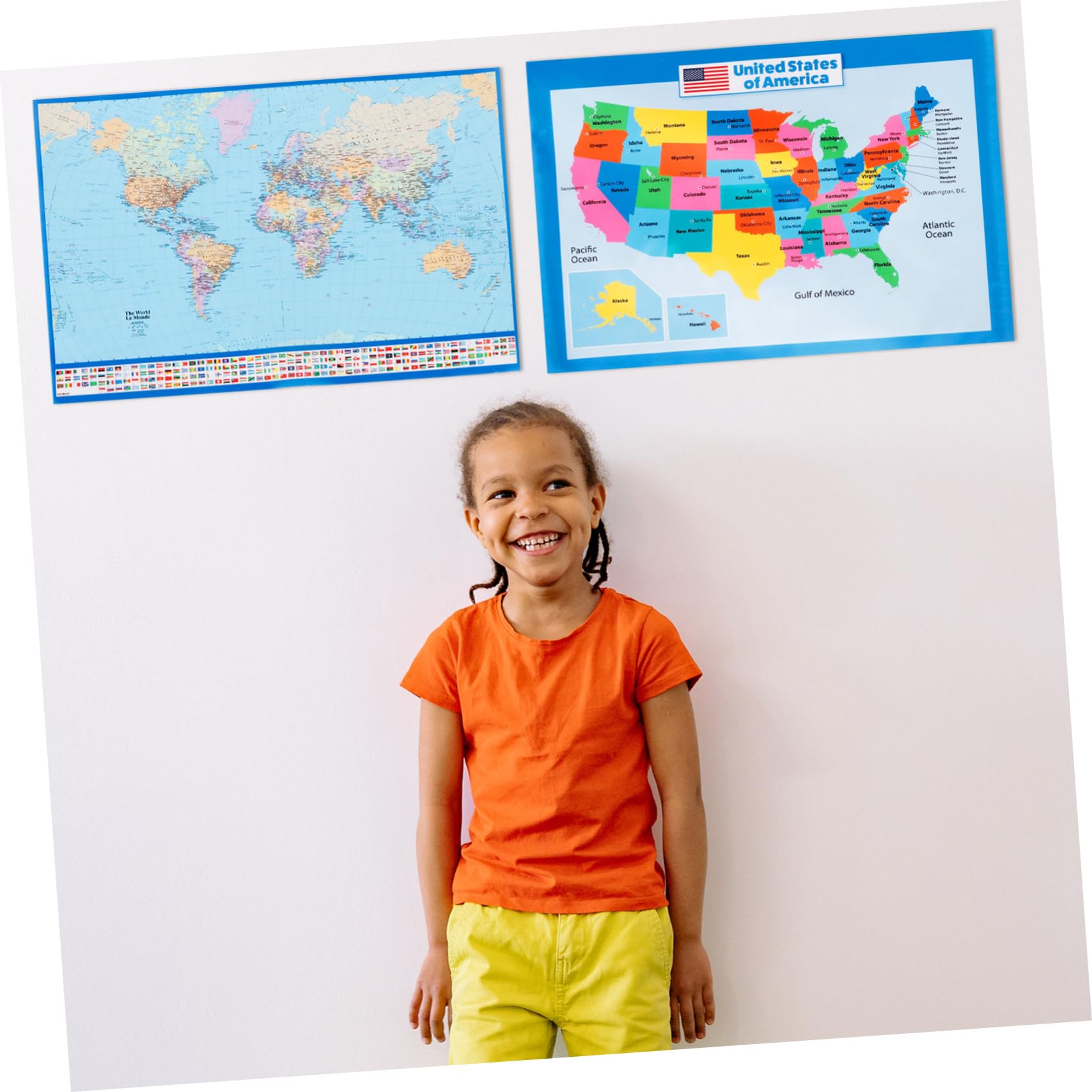 Veemoon Poster Educativo Mappa Del Mondo e Stati Uniti 40x60 Cm Set 2 Pezzi