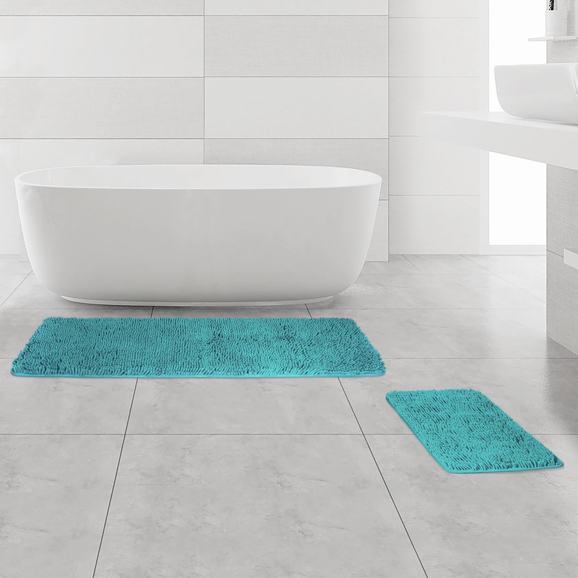 Yeaban Bathroom Rugs Sets 2 Piece – Thick Chenille Bath Mats | Absorbent and Washable Bath Rug Non-Slip, Soft Rugs for Bathroom, Shower, Sink(17" x 24"+17" x 47", Teal) — image 1