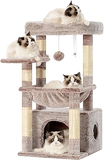 Heybly Kratzbaum, Katzenbaum mit Extra Großem, Weichem Katzenkorb, Katzenkratzbaum mit Geräumigem Katzenbett und Verstecktem Schlafplatz, Robusten Sisal-Kratzsäulen, Braun-beige HCT008SMU product image