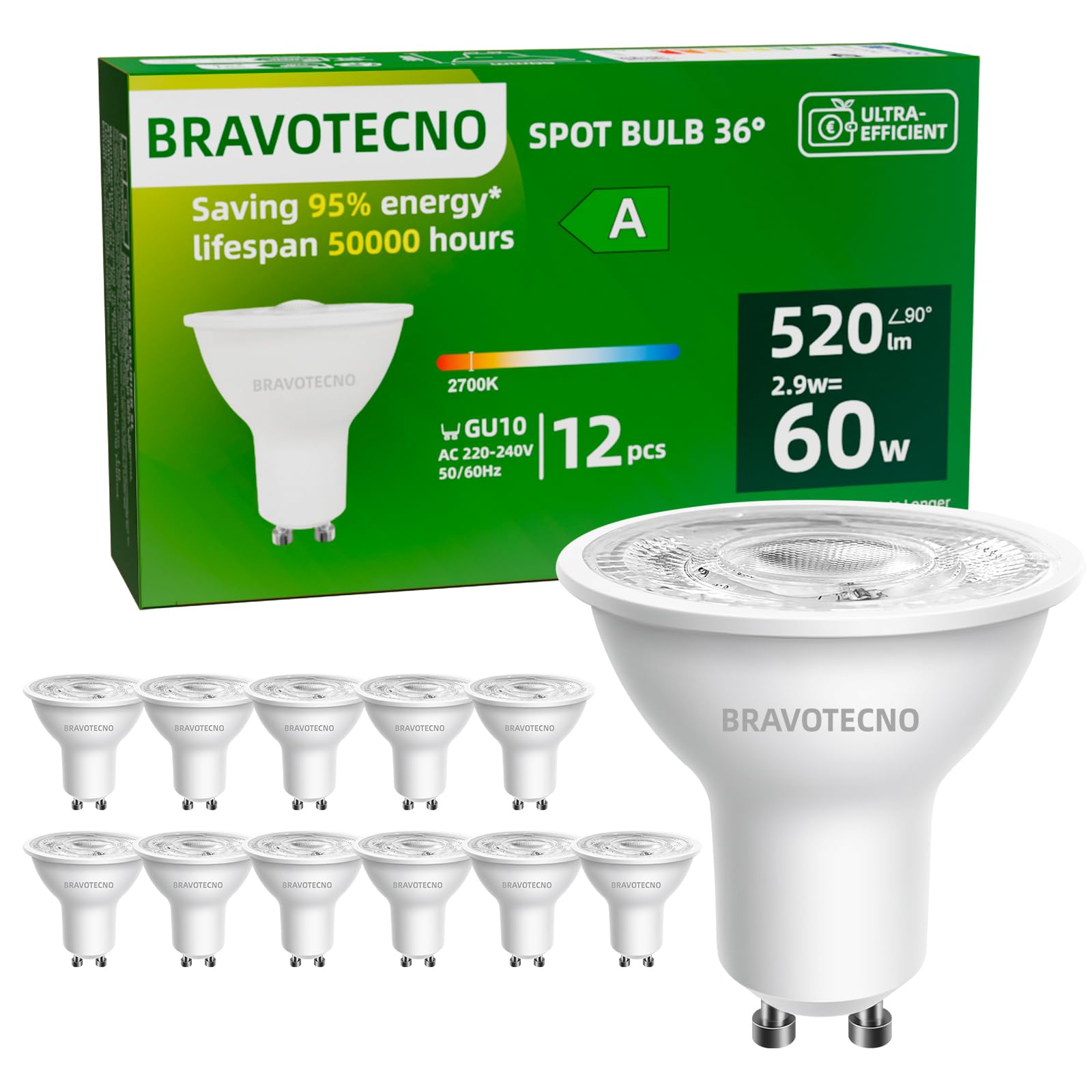 bravotecno GU10 LED Glühbirne, Energieklasse A LED, 2.9W 520LM GU10 Spot Leuchtmittel Entspricht 60W, 36° Abstrahlwinkel, Nicht Dimmbar, Wärmearm & Langlebig