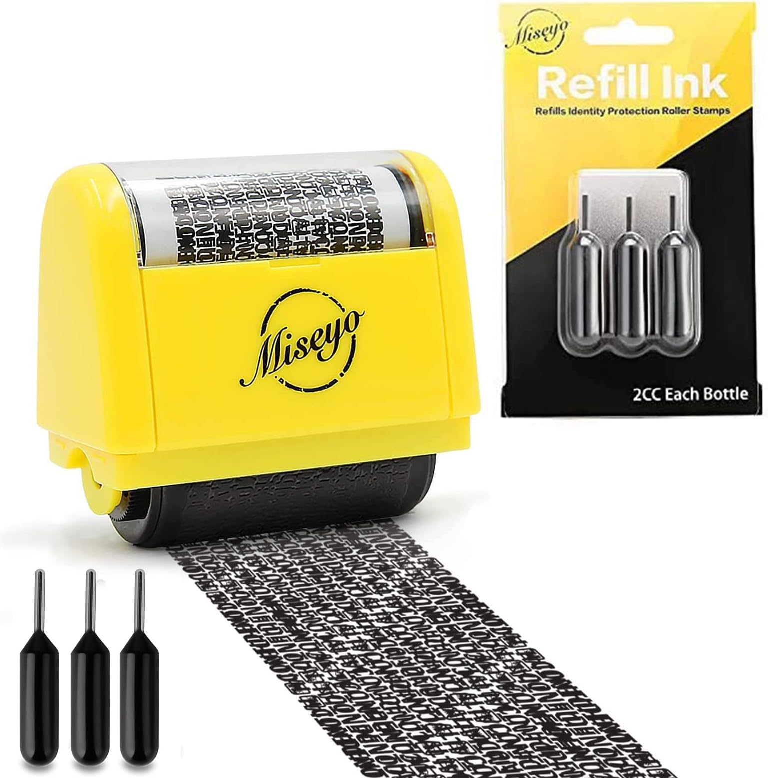 Wide Identity Theft Protection Roller Stamp Set - Yellow (3 Refill Ink Included) with Refill Ink - 3 Pack - Black Ink