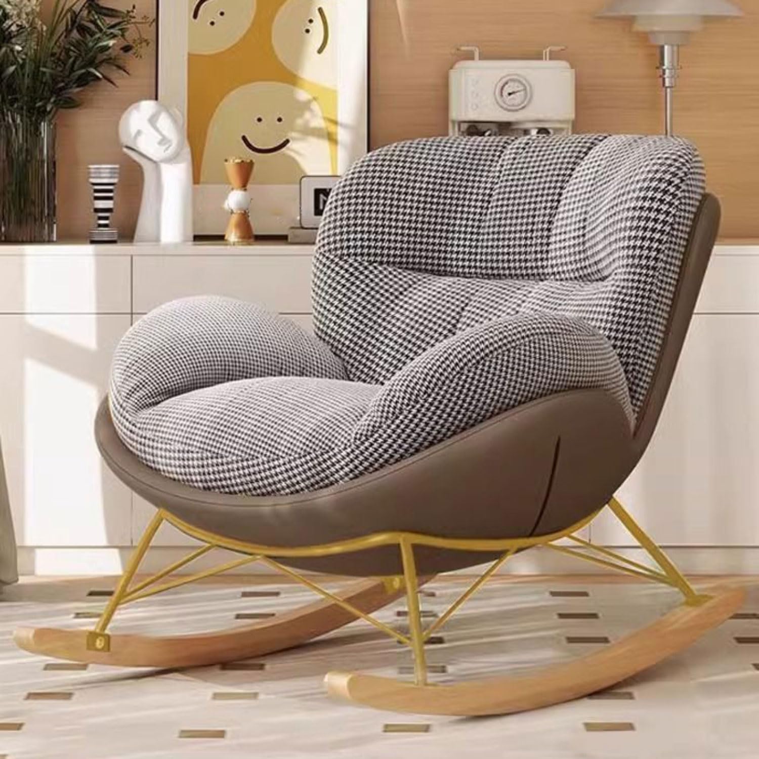 Poltrona Moderna Poltrona Lounge Moderna per Balcone Poltrona a Dondolo on Seduta Ergonomica in Tessuto Imbottito Sedia a Dondolo per Soggiorno/Camera da Letto Sedia Papasan con Braccioli