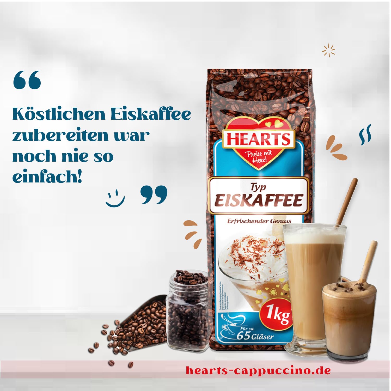 HEARTS kawa mrożona w proszku 20 x 1 kg, korzystne opakowanie idealne dla klientów biznesowych – zmielona kawa na lato, szybkie przygotowanie, Ice Coffee Frappe Art, letni napój z orzeźwiającą