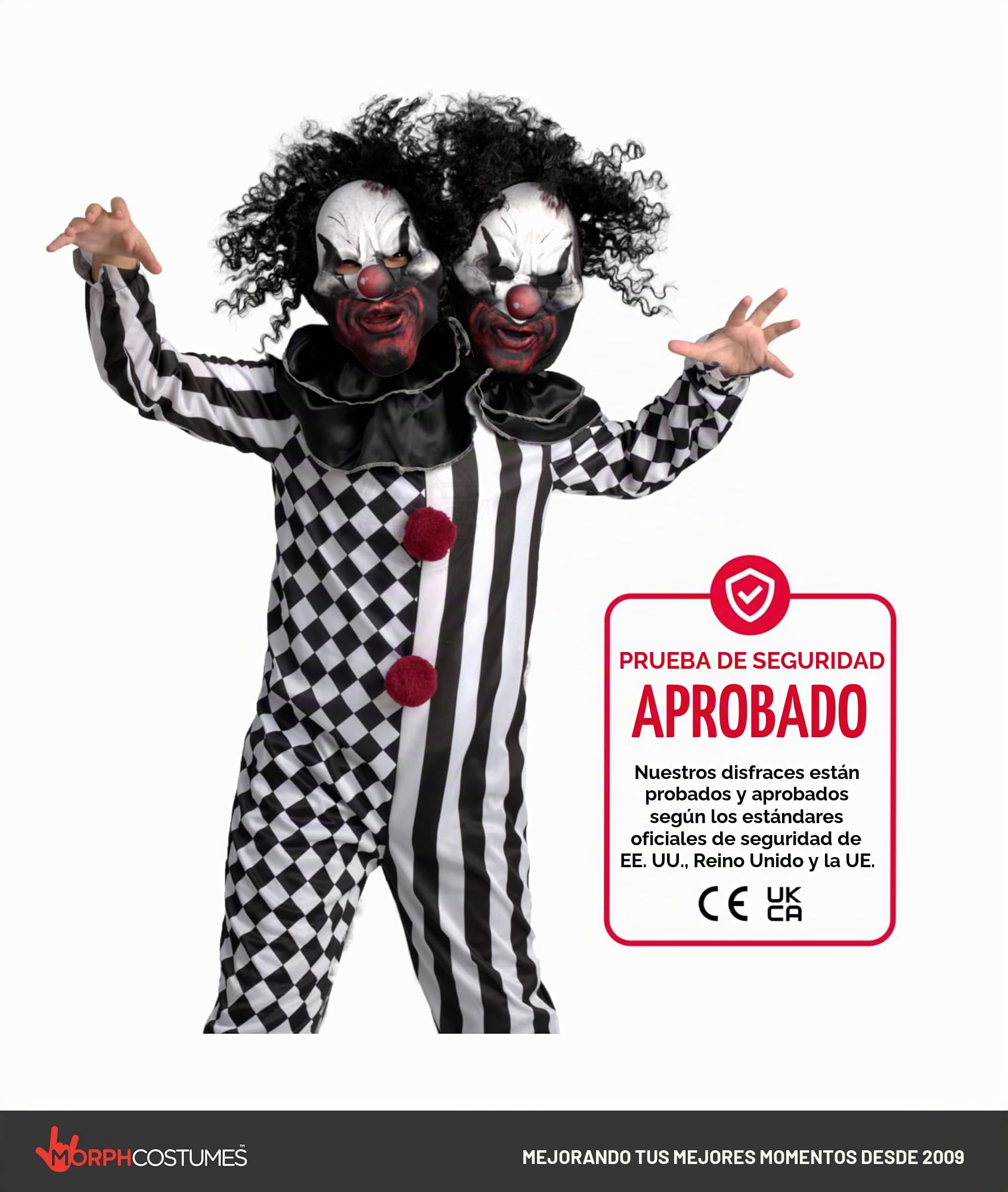 Morph Deluxe Disfraz Payaso Asesino Niño 2 Cabezas y Niña, Payaso Siniestro Halloween Niños, Miedo