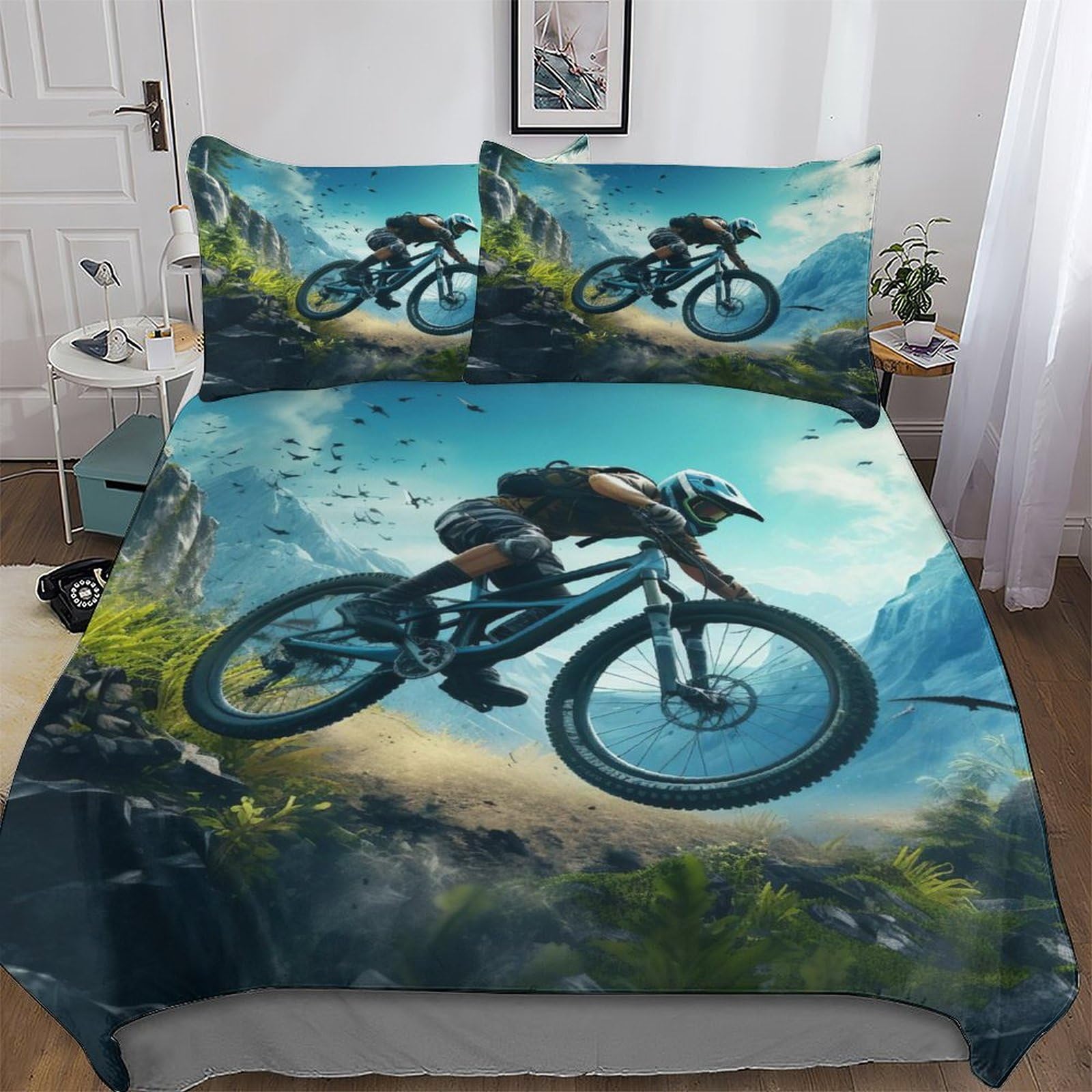 Pazzk Boys Mountain Bike-8 Mountain Bike 3D Comforter Cover Set - Brushed Microfibre Bedding Set Duvet Cover With Pillowcases, Soft Poly Cotton Quilt Cover 2 Pcs For Girls And Teenagers Single (135X200cm)