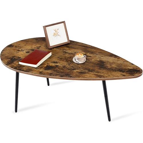 Entrintou Modern Oval Small Coffee Table, Mid Century Wood Coffee Table with Metal Legs, Unique Retro Center Table, Rustic Farmhouse Coffee Tables for Living Room, Office, Rustic Brown