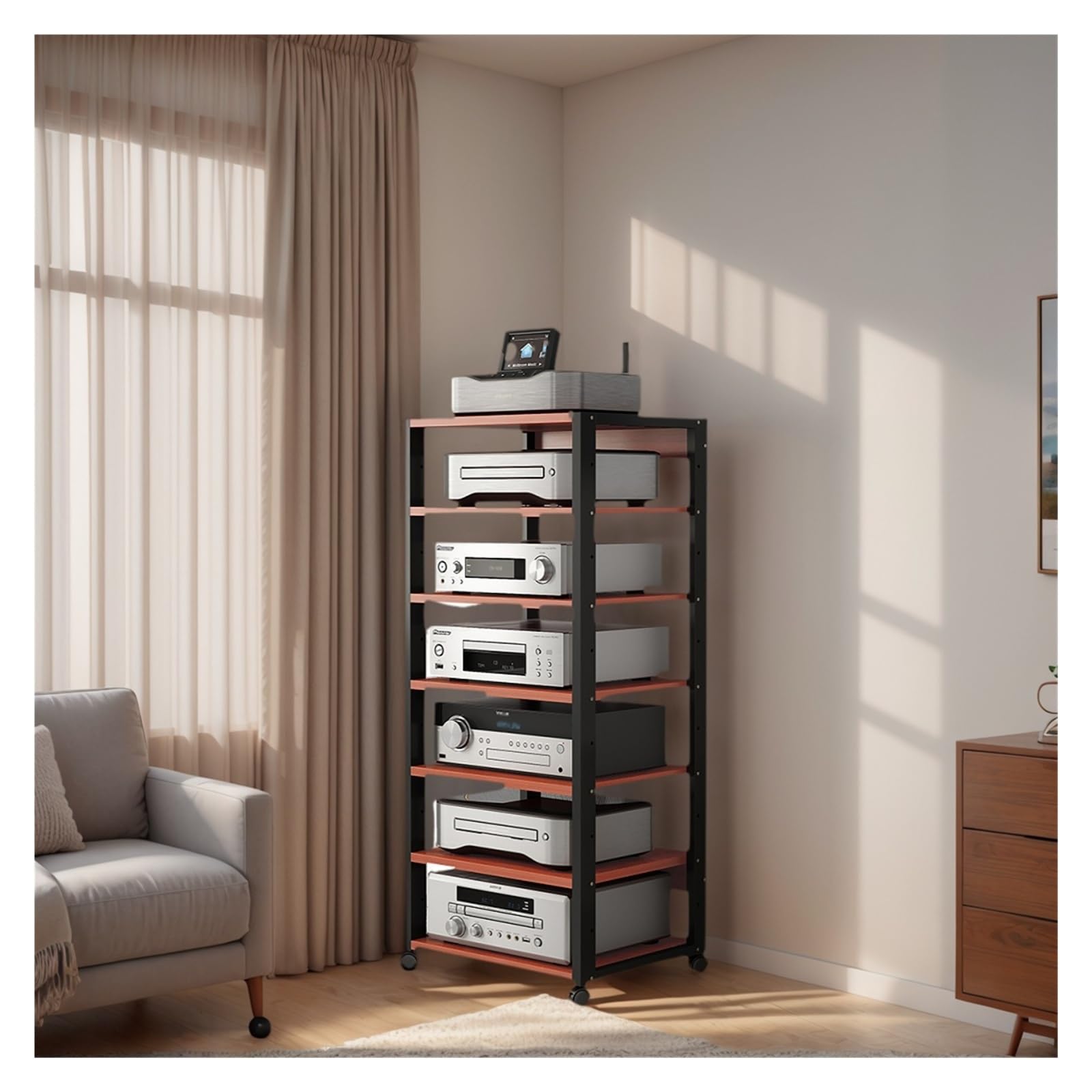 Supporto multimediale video Mensola AV HiFi regolabile a 7 livelli con ruote universali, rack audio mobile for soggiorno, camera da letto, studio(Teak color)