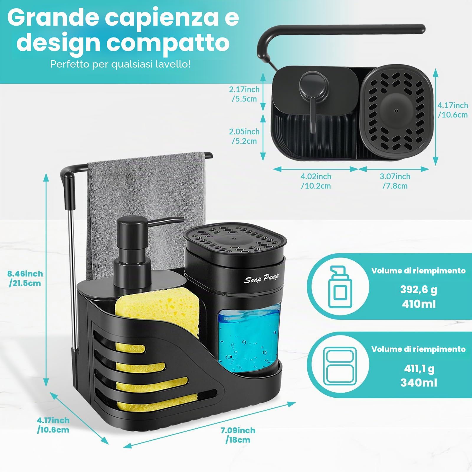 Dispenser di sapone a doppia mano & Dish per lavello da cucina, nero