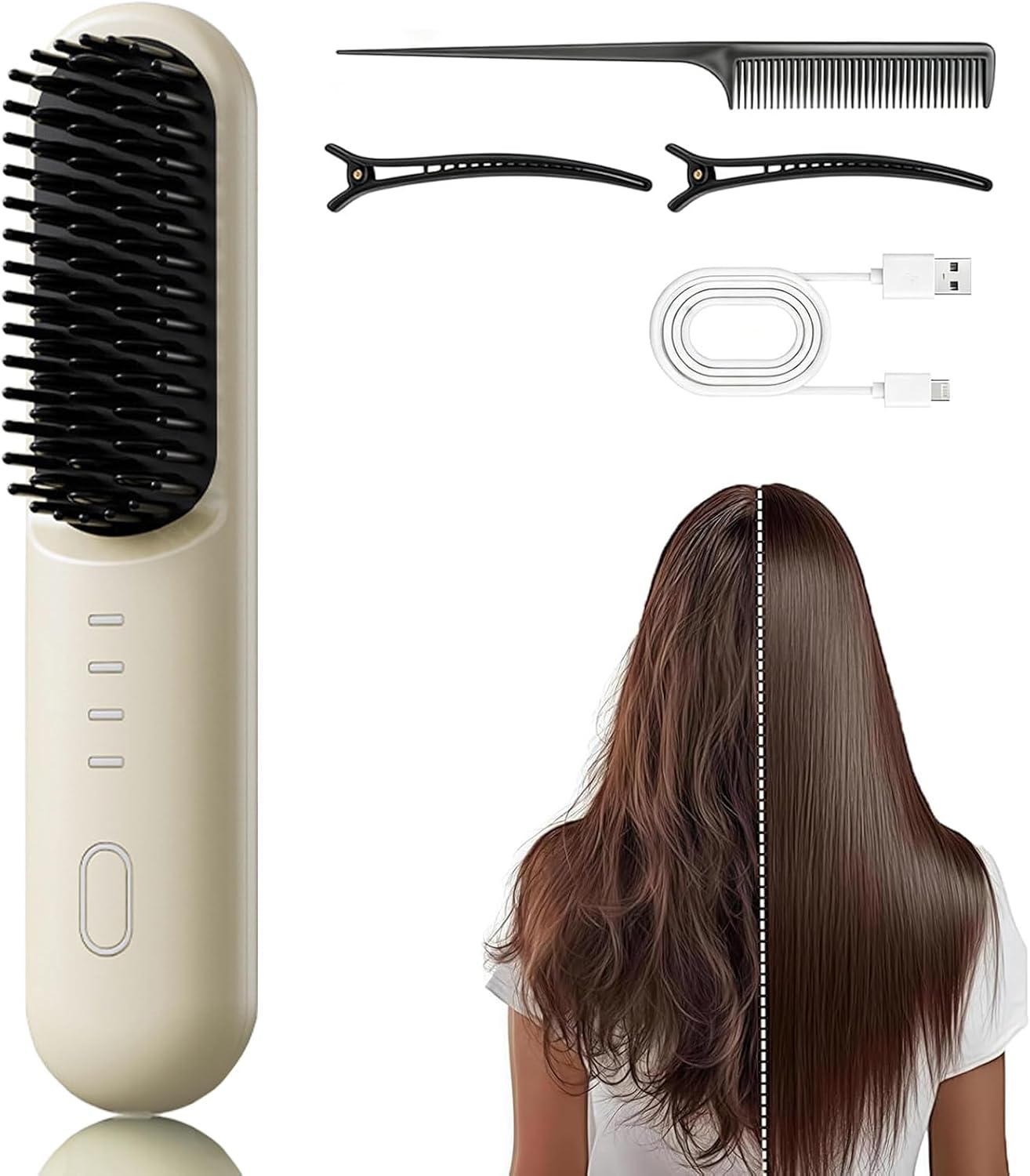 Go Brush-Pro for Short Hair, Hair Straightener Brush, Ionic & Ceramic Technology, 4 Temperature Settings, Anti-Frizz Styling (Beige)