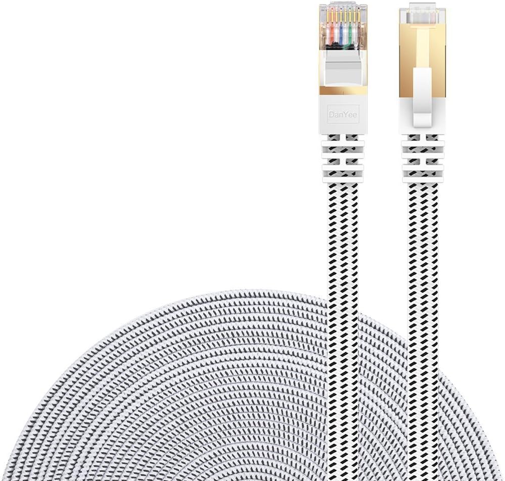 Cat 7 Ethernet Cable, DanYee Nylon Braided 50ft CAT7 High Speed Professional Gold Plated Plug STP Wires CAT 7 RJ45 Ethernet Cable 3ft 10ft 16ft 26ft 33ft 50ft 66ft 100ft (White 50 ft)