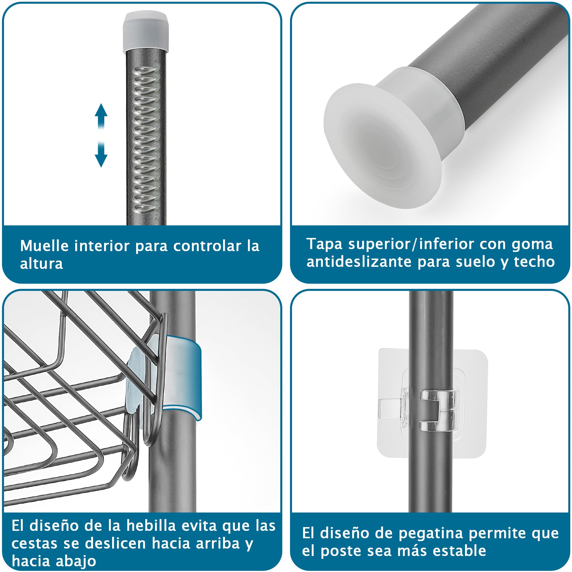 Estanteria Baño Telescopica Estante Ducha sin Taladro Acero Inoxidable Repisas Esquina Baldas con 4 Bandejas, Regulable 85-325cm, apto para Bañera Baño y Cocina, Gris