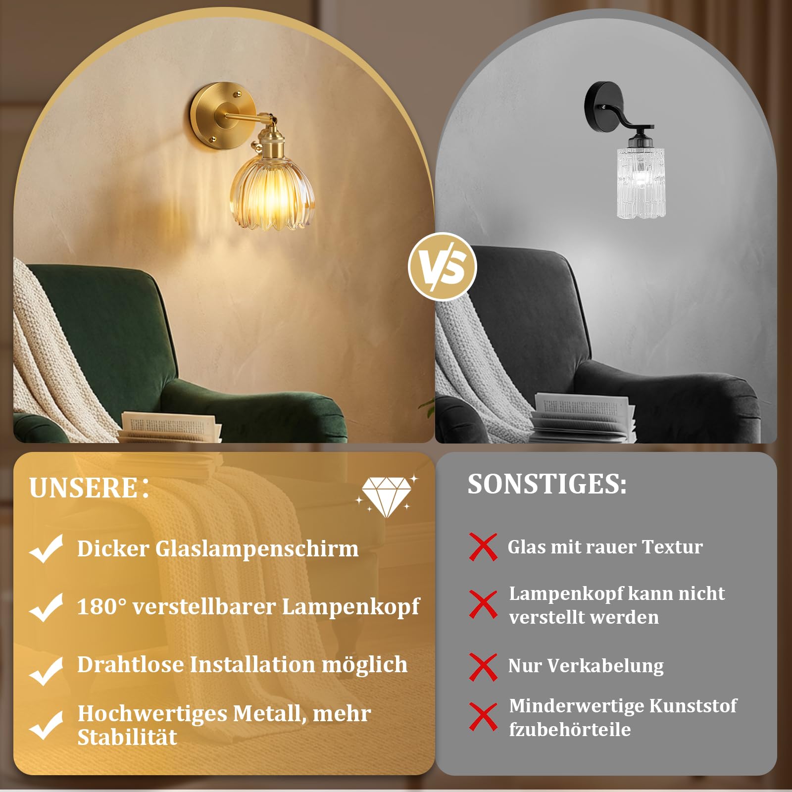 Akku Wandleuchte Innen 4000mAh Retro 2 Stück, Gold LED Wandlampe ohne Stromanschluss mit Glas Tulpe Schirm, Dimmbar & RGB Speicherfunktion Timer Fernbedienung für Schlafzimmer Flur Wohnzimmer