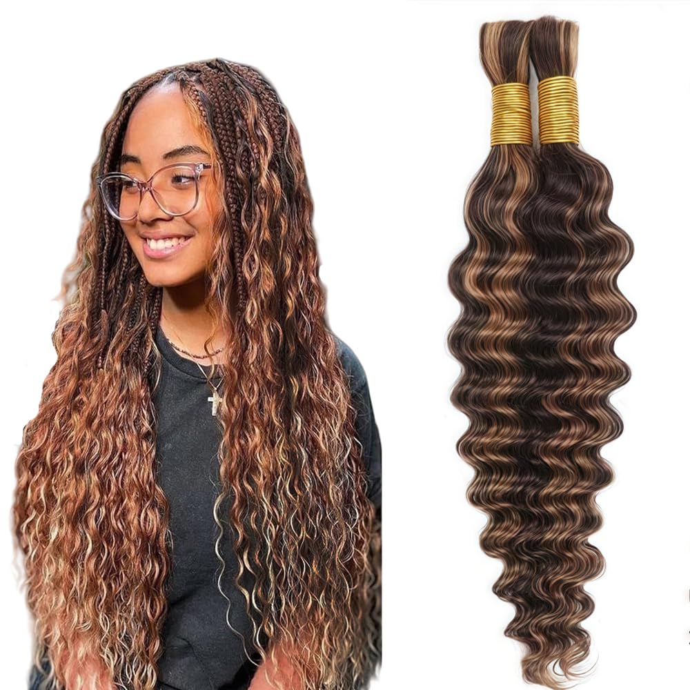 Tuheerst Human Braiding Hair For Boho No Weft P4/30 Highlight Brown Deep Wave Light Brown 50g/Bundle Total 100g Unprocessed Knotless Braids Human Hair Extension For Women 24 24 Inch