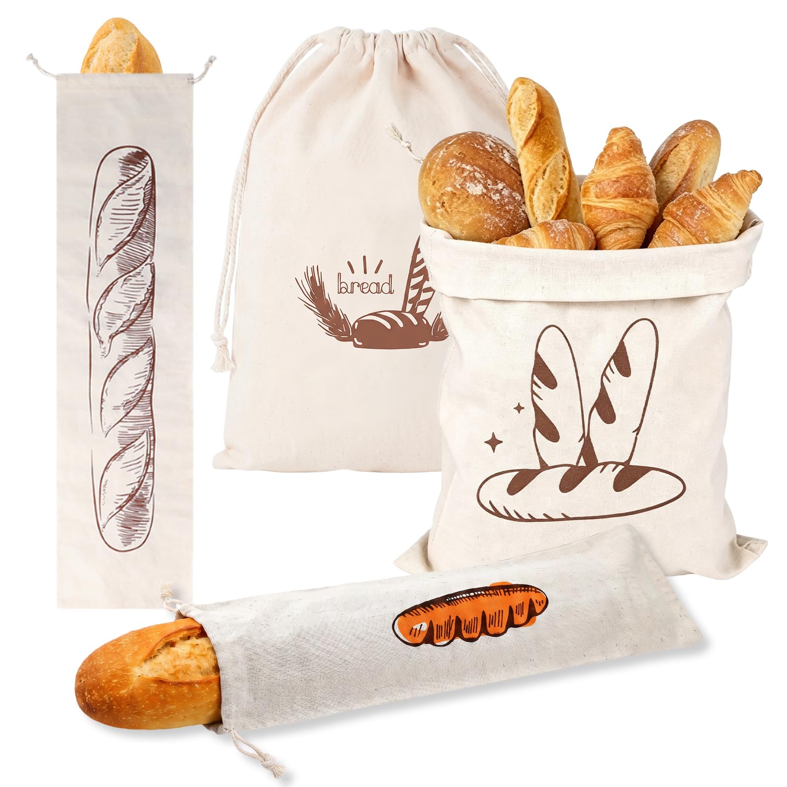 4 Pcs Linen Bread Bags to Keep Bread Fresh, 40x30cm Wheat Ear Bread Bag & 62x15cm Baguette, Reusable Bread Bags for Homemade Bread, Kitchen Organisation, Bakery Produce