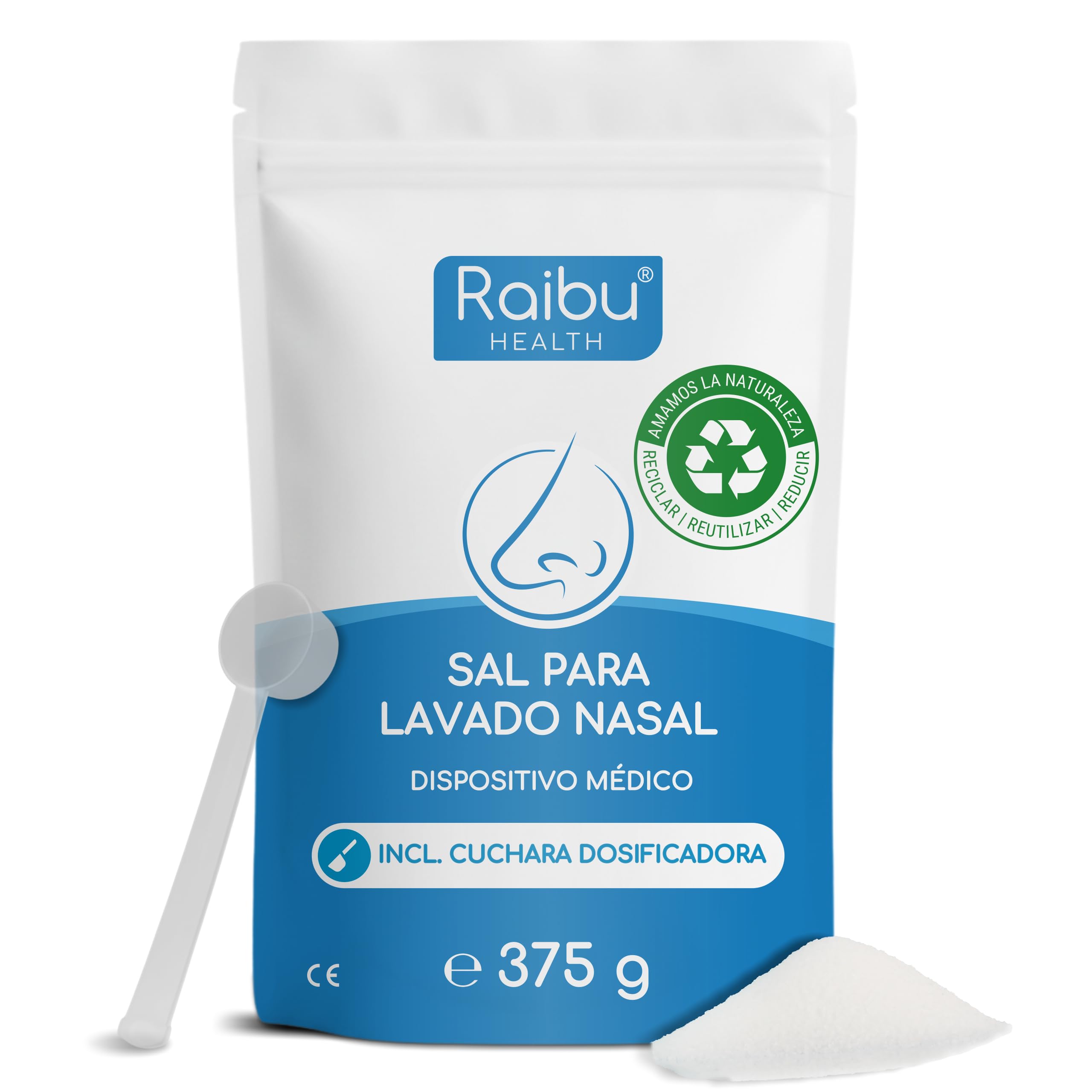 Raibu Nasal Wash Salt for Nasal Shower, 150 Servings - 375g in Sustainable XXL Tin Including Measuring Spoon - Vegan Nasal Salt Made in Europe - Nasal Rinse Salt
