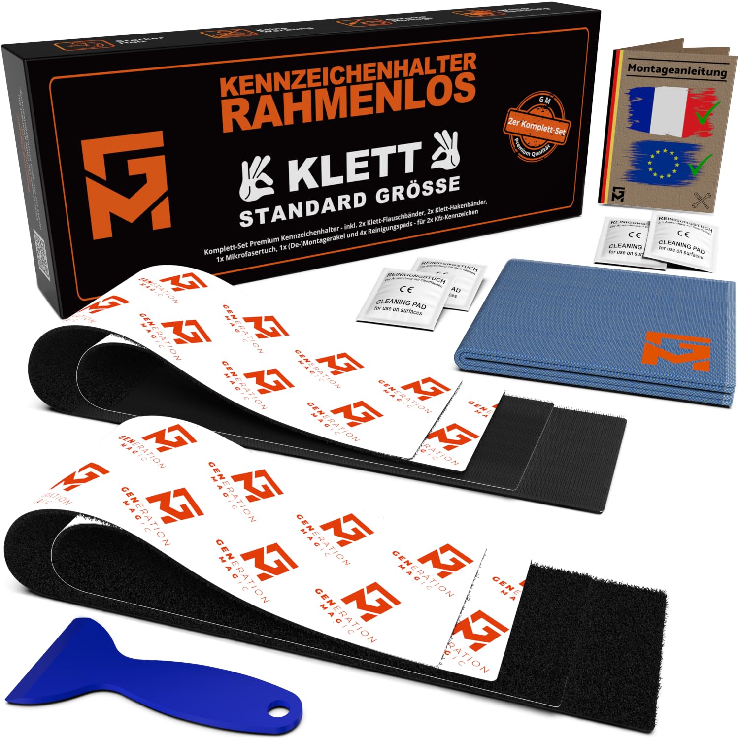 GENMAG® 2X Support de Plaque d'Immatriculation sans Cadre [Extra Fort & Universel] Support Plaque Immatriculation Voiture | Porte Plaque Immatriculation pour Auto Remorque Moto | Adhésif Invisible