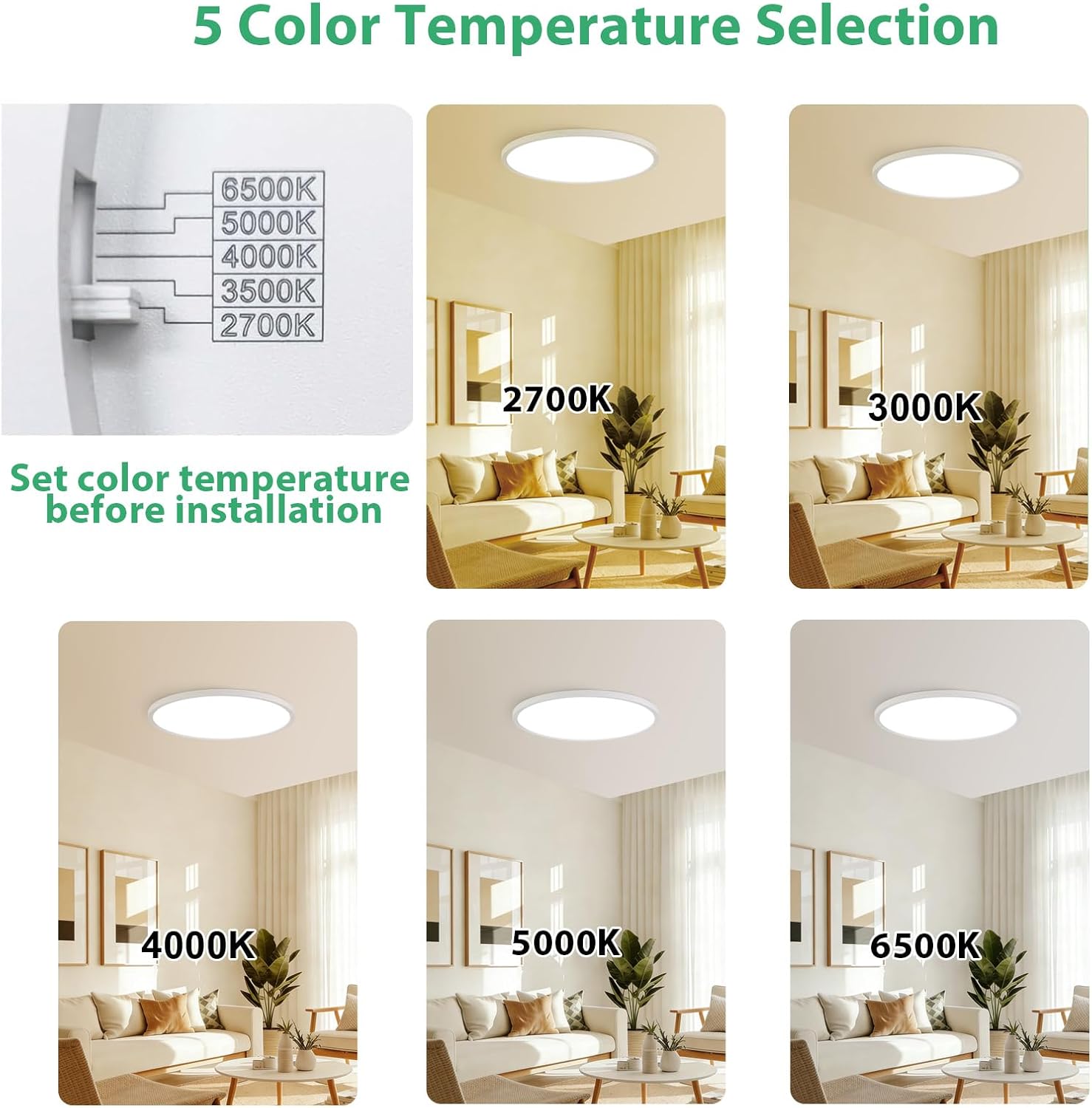 6PK 12inch LED Flush Mount Ceiling Lights,5CCT Selectable 2700K-6500K,24W 2500LM Close to Ceiling Light Fixtures for Bedroom Kitchen Hallway Laundry, White
