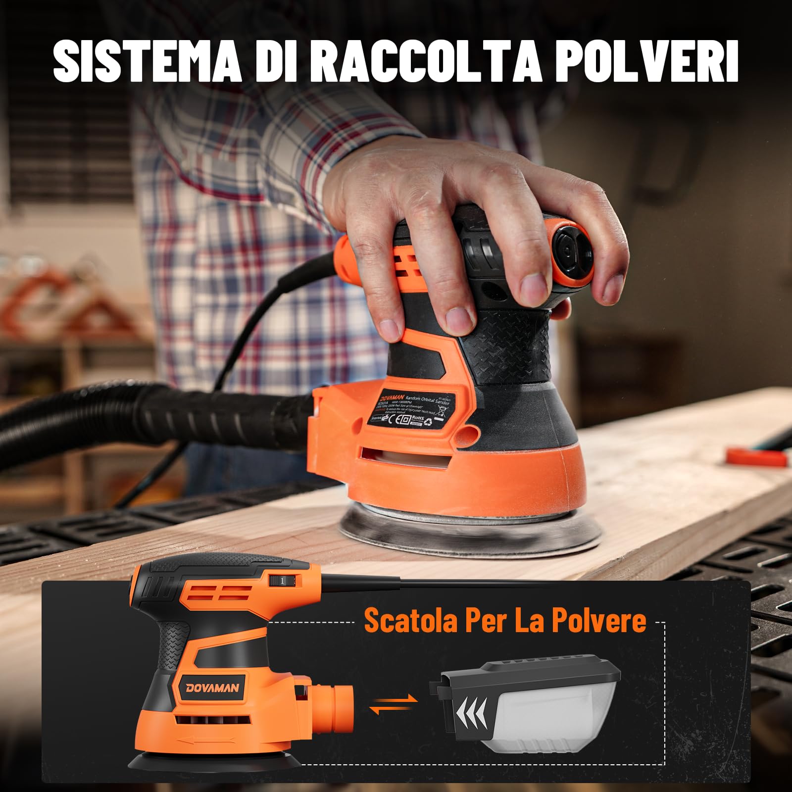 DOVAMAN ROS01A Levigatrice Orbitale,350W, 6 Velocità Variabili, 13000 RPM, 12 Fogli Abrasivi, Disco da 125mm, Raccolta della Polvere, Levigatrice Elettrica per Superfici in Legno e Acciaio