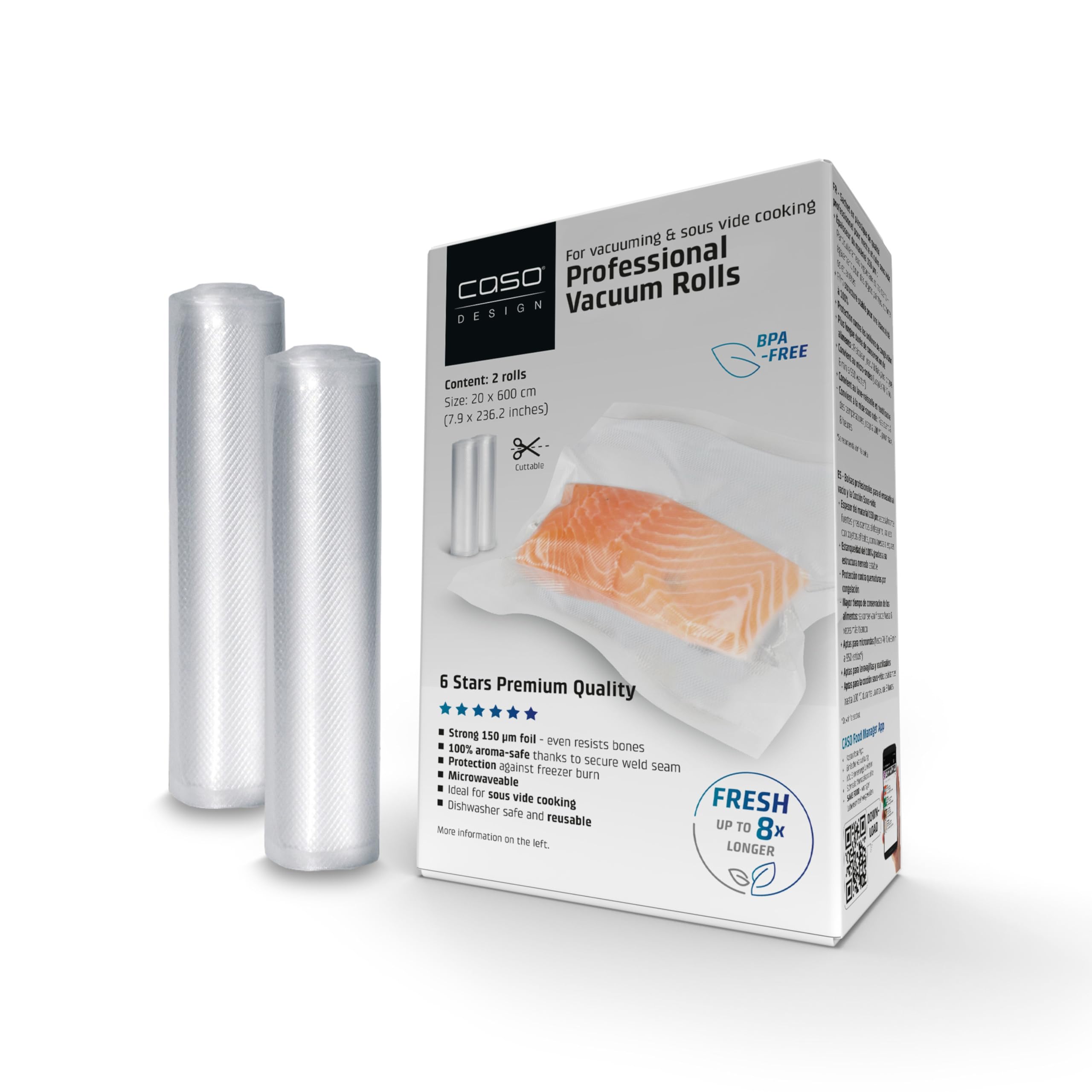 CASO 6 Star Professional Foil Rolls 20 x 600 cm, 2 Rolls for All Vacuum Sealers, SousVide Safe, Reusable, Strong and Tear-Resistant Approx. 150 μm, 100% Aroma-Proof, Protection Against Freezer Burn
