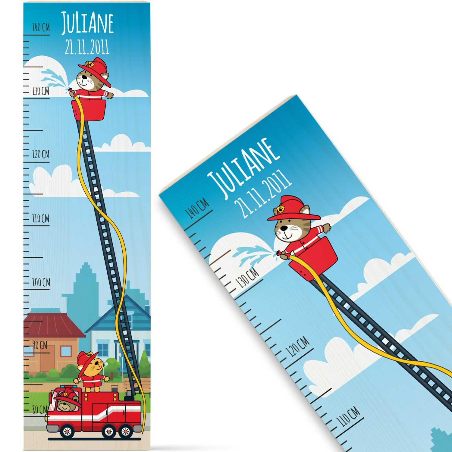 GRAVURZEILE Messlatte für Kinder aus Holz - Feuerwehr Design - mit Namen für Kinderzimmer - Skala misst 80-140 cm - Größe 20 x 70 x 2 cm - Geschenk zur Geburt für Mädchen & Jungen