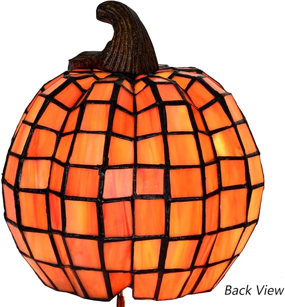 Bieye L10927 Carved Pumpkin Tiffany Style Stained Glass Accent Table Lamp for Halloween Decor