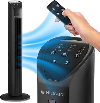 NEXAIR 36 Oscillating Tower Fan, 3 Speed Portable Fan Tower With Remote Control, Quiet Operating Floor Fan for Bedroom with 7.5 Hr Auto Off Timer, Modern Design Room Cooling Fan For Home & Office