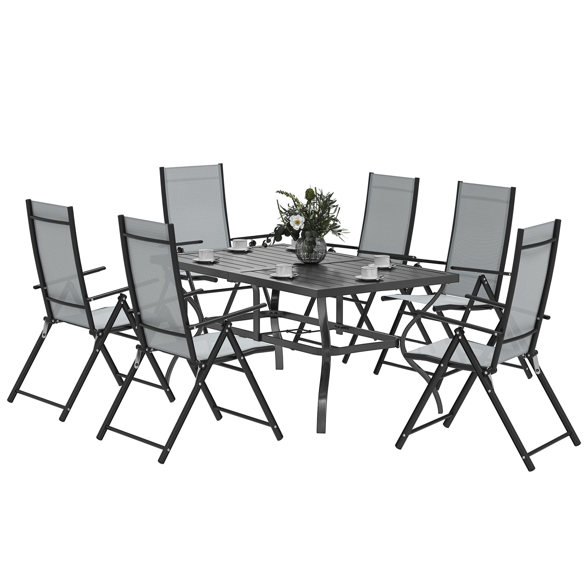 Outsunny Set Tavolo e Sedie da Giardino da 7 Pezzi Rettangolare Grigio | Tavolo da Pranzo con Foro per Ombrellone, 6 Sedie Pieghevoli da Esterno con Schienale Alto, in Acciaio