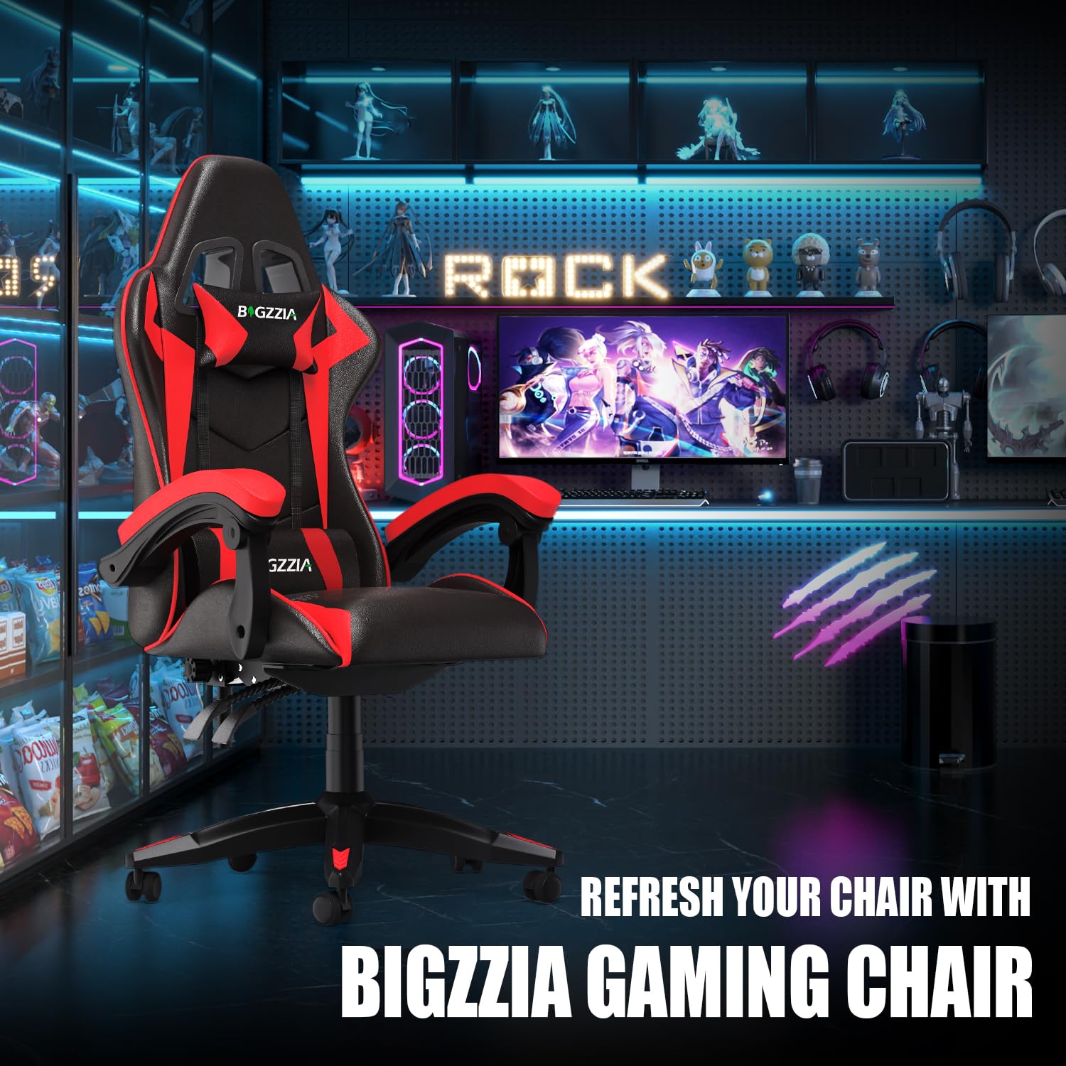 bigzzia Silla Gaming,Silla Ergonómica de Oficina en Cuero PU,Regulable en Altura con Soporte Lumbar y Reposacabezas,Respaldo Reclinable 155°,Silla Gamer Adulto Niño(Verde) (Red)