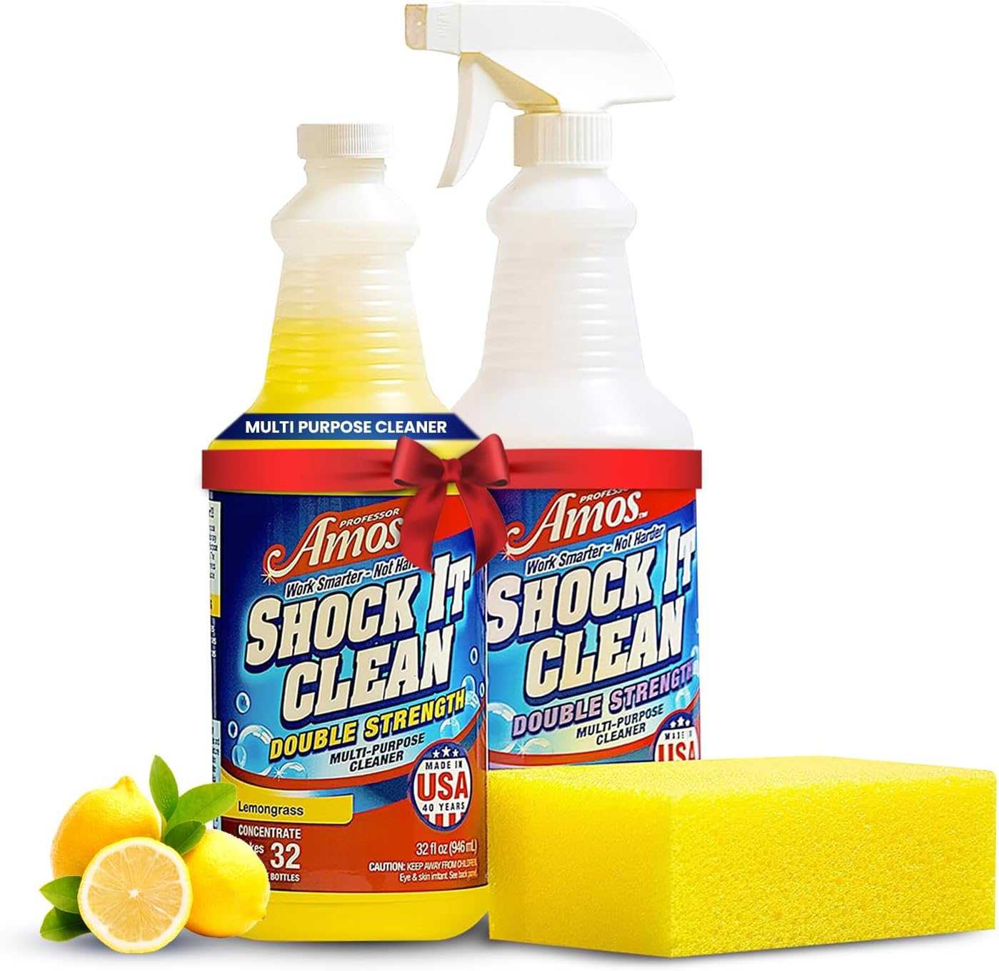 Professor Amos' Shock It Clean KIT Lemon Grass Scent Concentrate Cleaner 32 oz. 32 Bottles of All Purpose Concentrate Cleaner| Laundry Booster| Stain Remover| Carpet| Upholstery| Indoor and Outdoor.