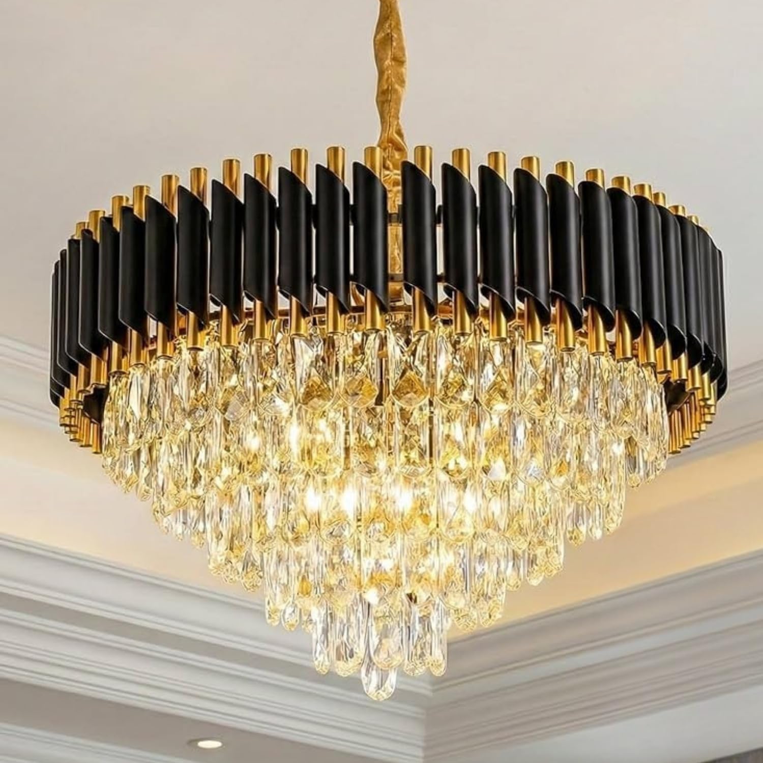 One94Store Black Mamba Modern Crystal Chandelier Ceiling Light 600MM, Tricolour LED (Warm, Cool, Natural), Black & Gold Luxury Jhumar for Living Room, Dining, Bedroom-image-9