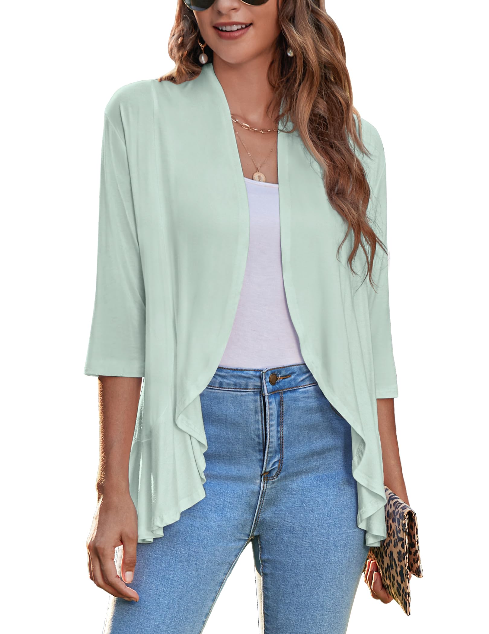 Zeagoo Women's Open Front Cardigan 2026 Spring Summer Lightweight 3/4 Sleeve Draped Ruffles Cardigans S-3XL