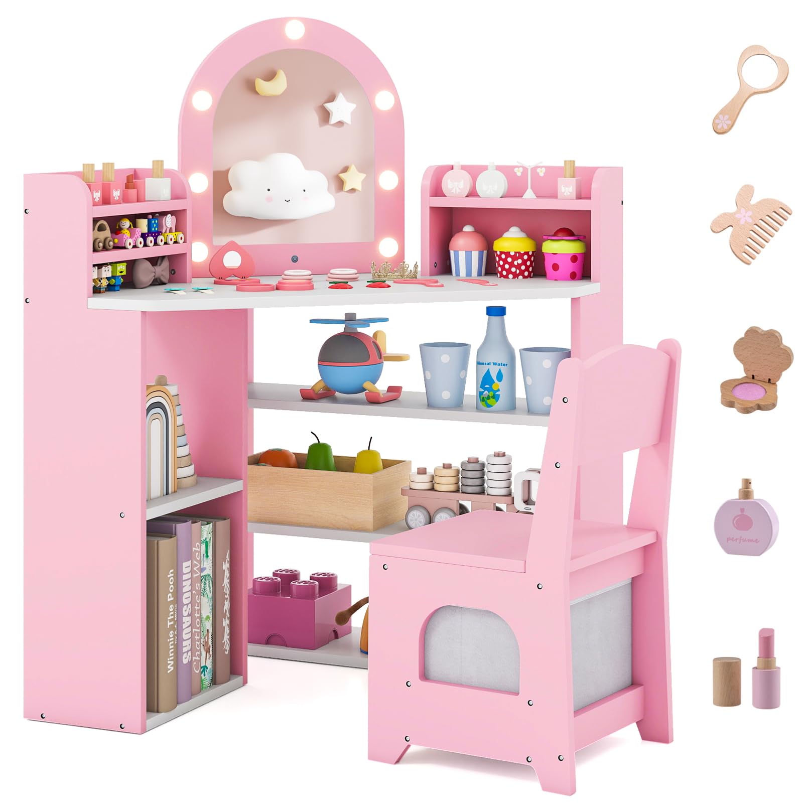 Costzon Kids Vanity with Lights, Corner Vanity Desk with Mirror, Storage Shelves, Wooden Princess Toddler Makeup Dressing Table, Kids Vanity Table and Chair Set for Little Girls (Pink)