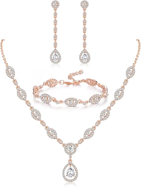 JeweBella Wedding Bridal Jewellery Set for Women Crystal Teardrop Statement Necklace Earrings Bracelet Set Gifts Wedding Engagement Bridesmaid Costume Dress Prom Jewelry Sets Blue/Silver/Red/Rose Gold