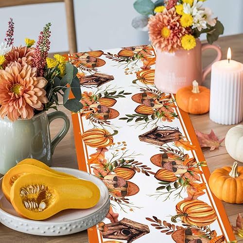 Miniatura 4 de T&amp;H XHome Camino de mesa de lino de 72 pulgadas de largo para Acción de Gracias, otoño, calabaza, naranja, acuarela, para fiesta, comedor, aparador,