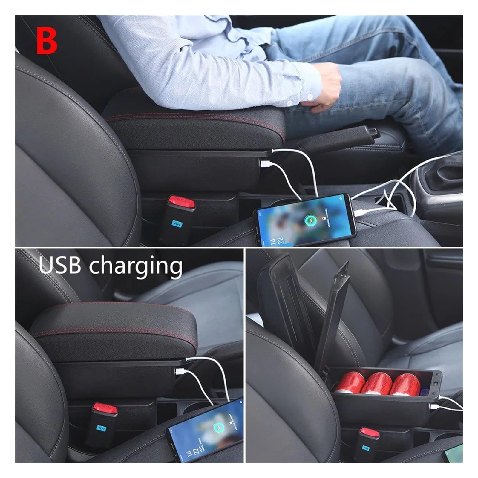 pour Peugeot 2008 208 2019-2022 2023 2024 2025 Accoudoir Voiture Pièces Rénovation Détails Intérieurs Accessoires Boîte Rangement Accoudoir Central(C Black Red NO USB)