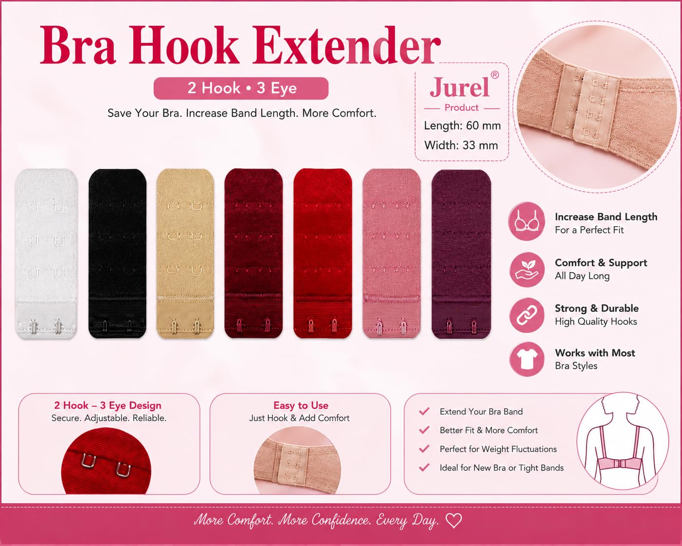 Jurel Women's Bra Hook and Eye Extender (White, Black, Skin, Red, Begani, Pink, Maroon, 7, 2X3) 1