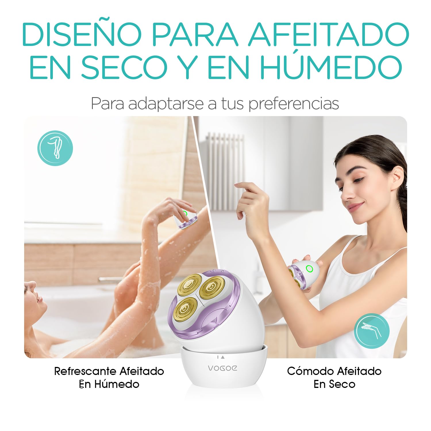 VOGOE Afeitadora Eléctrica Mujer con Cabezal Flotante 3D, Cuchilla Autoafilable y Recargable –Rasuradora Mujer para Piernas, Axilas, Cuerpo, Bikini y Rostro–Para Uso en Seco o en la Ducha Morado ES300