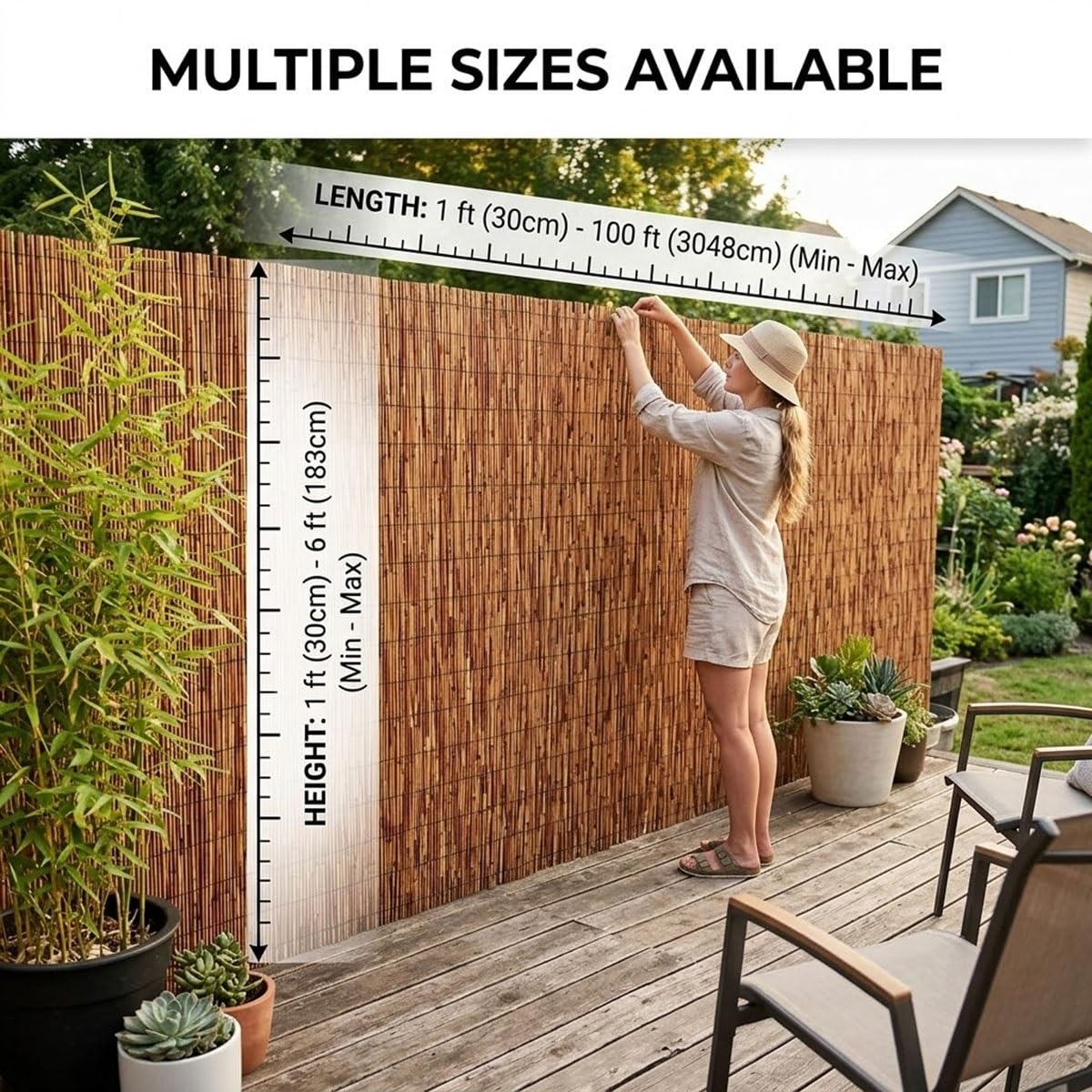 Rollo de Caña Natural para Ocultación de Balcón y Terraza, Valla de Caña Natural Exterior como Malla de Privacidad y Protector de Sombreo para Jardín, Patio y Piscina(61x823cm(2x27ft))