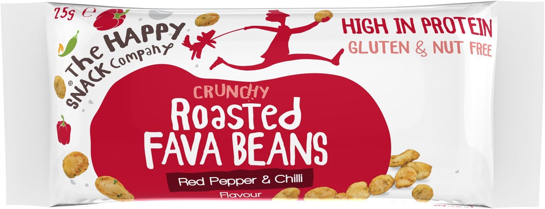 The Happy Snack Company Roasted Fava Beans, Red Pepper and Chilli Flavoured Healthy Snacks, High Protein Gluten Free Tasty Snacks, Vegan, 105 Calories, 25g Portion, Trial Pack of 3