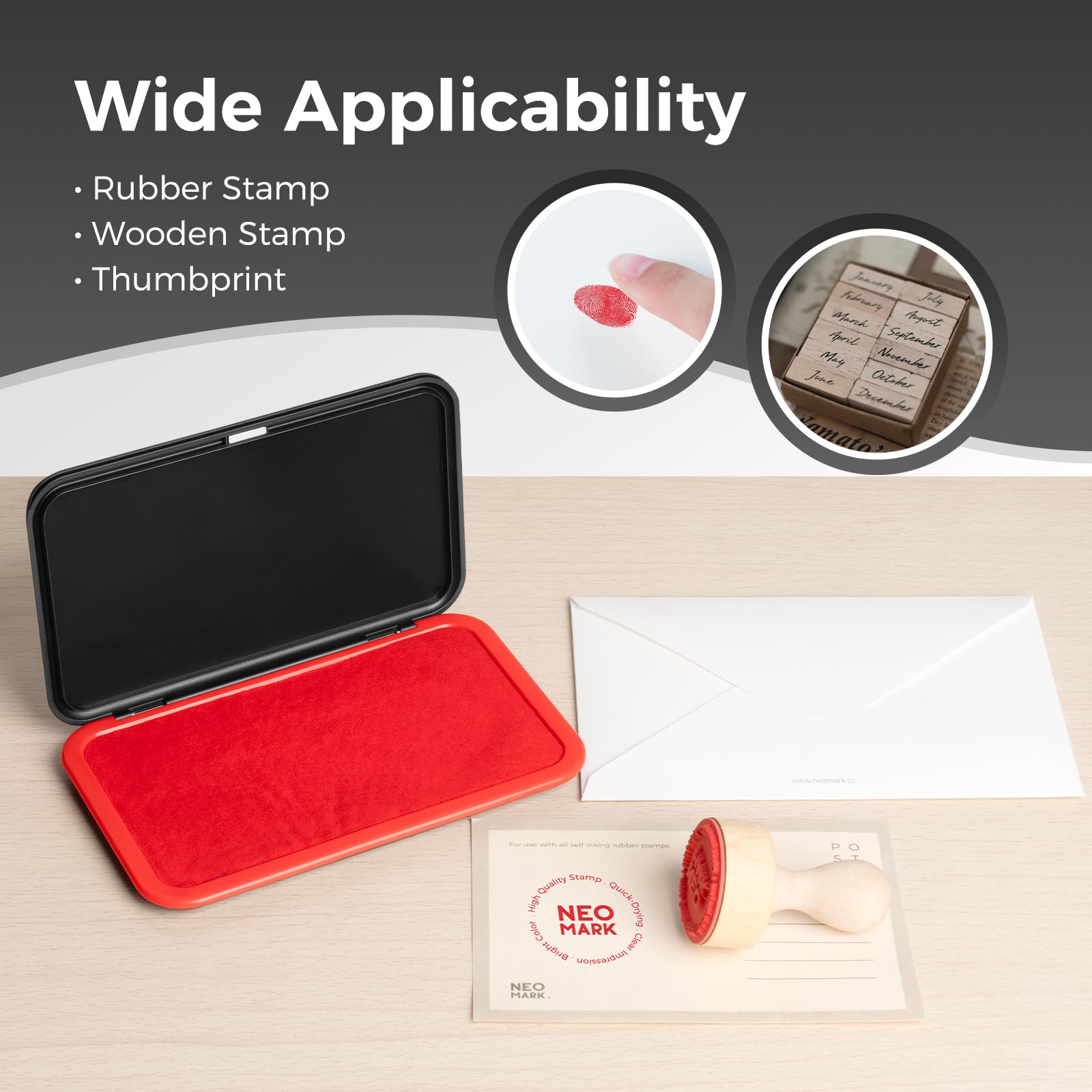 NEO MARK Kit de almohadillas de sello rojo grande (tinta de 1 oz incluida), innovador diseño de tapa magnética, almohadilla de sello de fieltro premium para oficina, hogar, 3.50 x 6.25 pulgadas