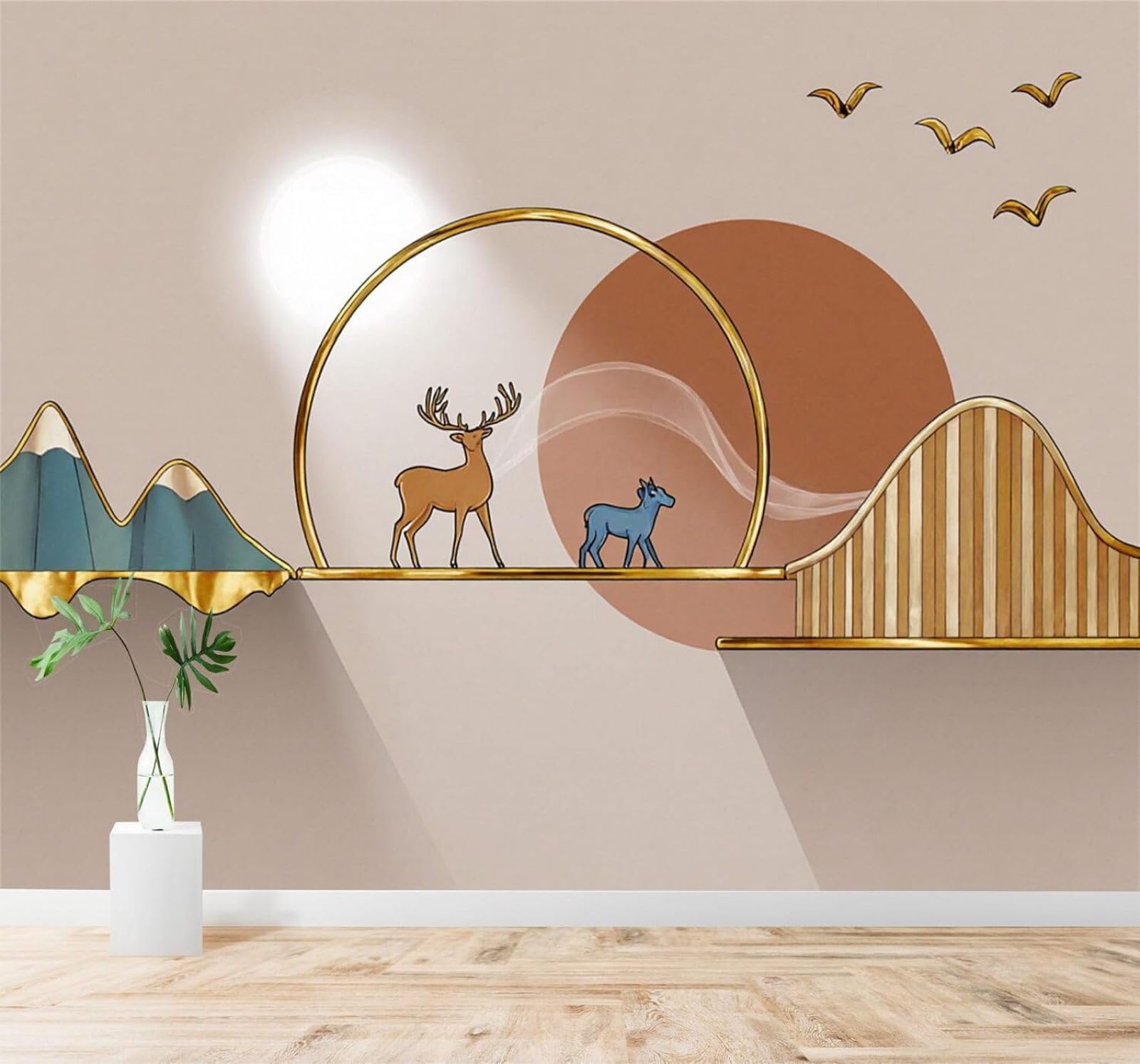 XLMING Golden Deer Mountains Sunlight Birds Art 3D Wallpaper Premium Textured Silk Study Dining Living Room Bedroom Sofa TV Wall Easy Install-250cm×170cm