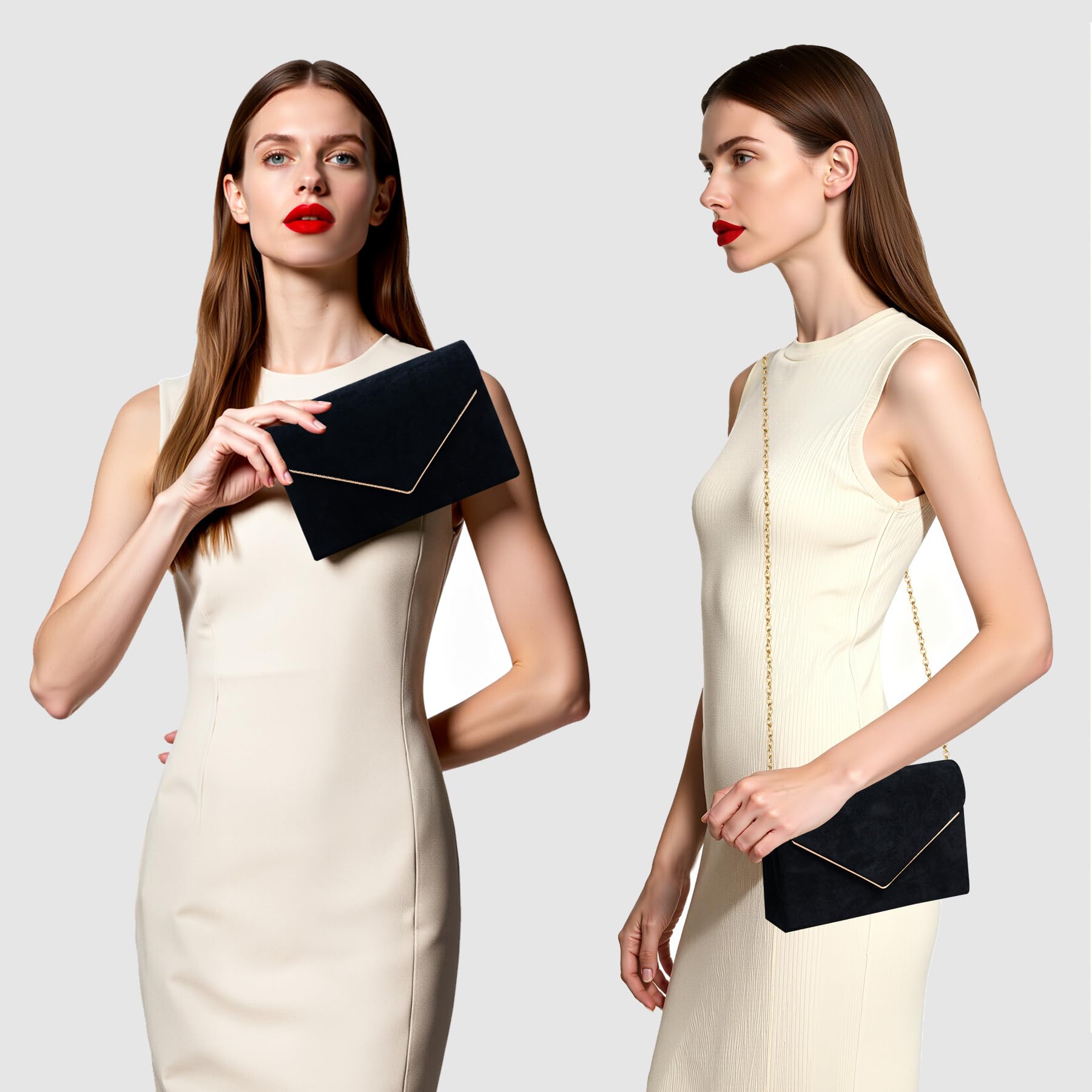 Larcenciel Clutch czarna, aksamitna torebka ze zdejmowanym łańcuszkiem, elegancka zamszowa koperta wieczorowa z kieszenią wielofunkcyjną, modna koperta z zamszu, na wesele, imprezę, 22 x 15 x 5 cm