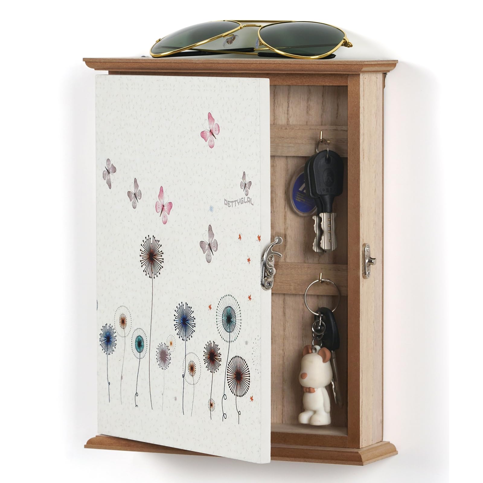 Schlüsselkasten Holz Schlüsselbox mit Löwenzahn und Schmetterling Muster, Schlüsselschrank 6 Schlüsselhaken Schlüsselablage Wandorganizer für Eingang,Flur,Büro Schlüsselhalter L weiß