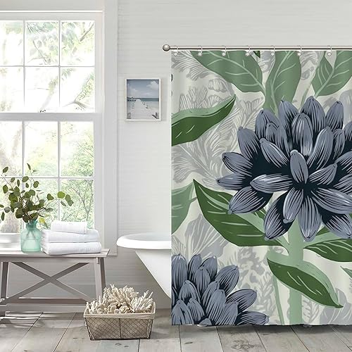 Miniatura 871 de Cortinas de ducha de baño con ganchos, 72 x 92 pulgadas, cortina de ducha de tela impermeable con diseño de flores y pájaros, cortina de ducha