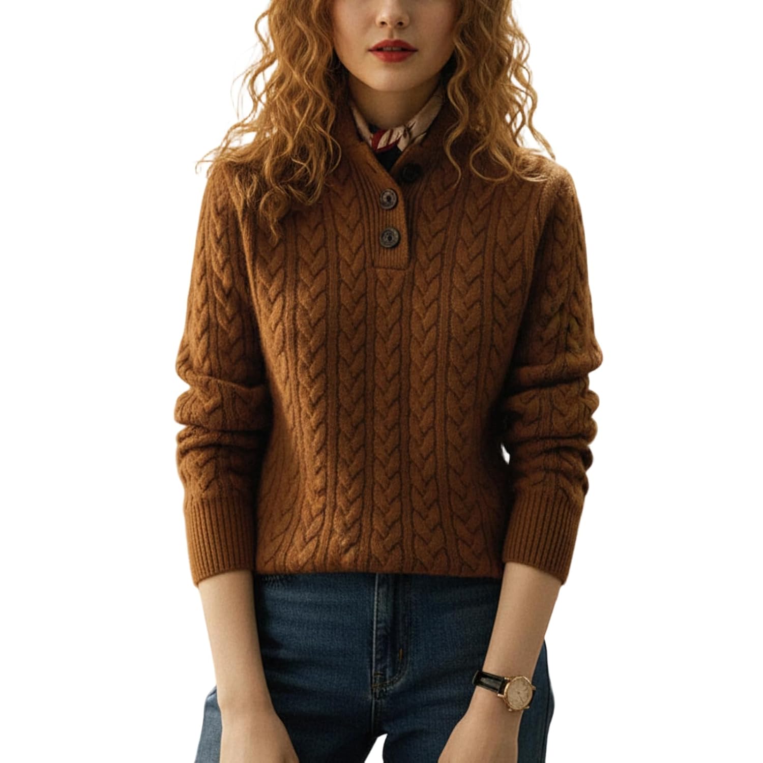 Womens Cable Knit Button Sweater Mock Neck Long Sleeve Pullover Cozy Winter Jumper for Casual Office Wear