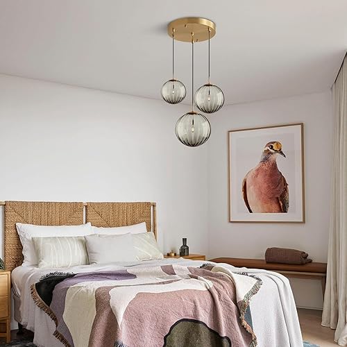 Miniatura 6 de Lámpara colgante de KCO Lighting Moderna de Oro con 3 Luces, Clúster de Globo de Vidrio Ahumado Grande, Lámpara de Araña de Latón Cepillo para Isla
